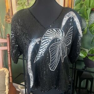 Glamorous Black Sequin Blouse with Silver Accents